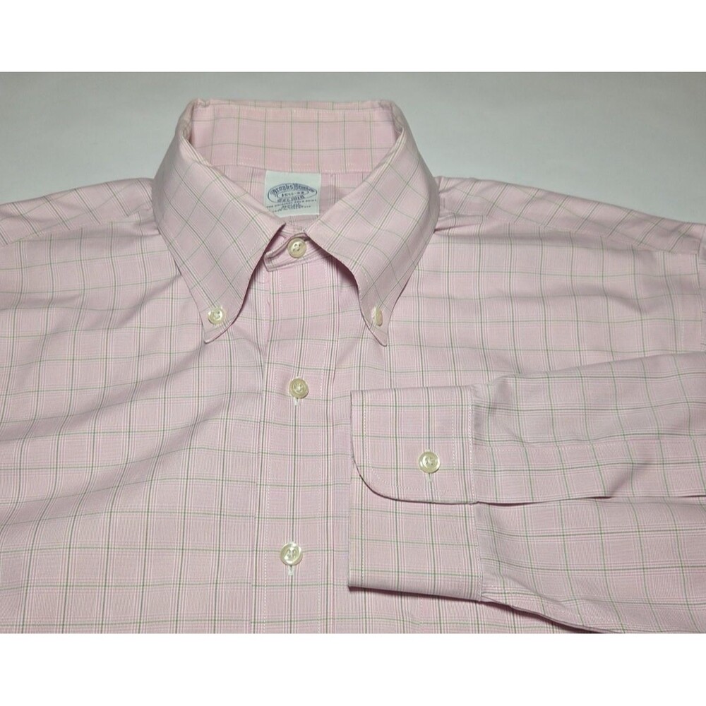 Brooks Brothers Original Polo Shirt 15.5-33 Slim Fit Light Pink Plaid Button